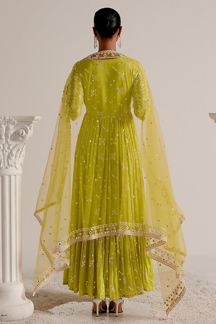 Neon Green Cotton Mulmul Mirror Work Angrakha Party Wear Anarkali Set by PREEVIN at Pernia's Pop Up Shop