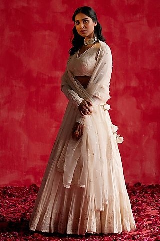 Off-White Cotton Mulmul Thread & Mirror Work Lehenga Set by PREEVIN