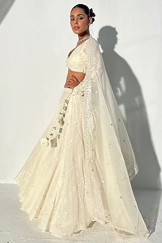Off-White Cotton Mulmul Thread & Mirror Work Lehenga Set by PREEVIN