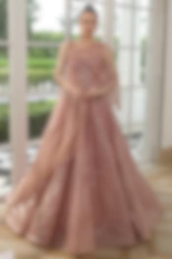 Peach Tissue Organza Hand Embroidered Wedding Gown With Cape by PRESTO COUTURE at Pernia's Pop Up Shop