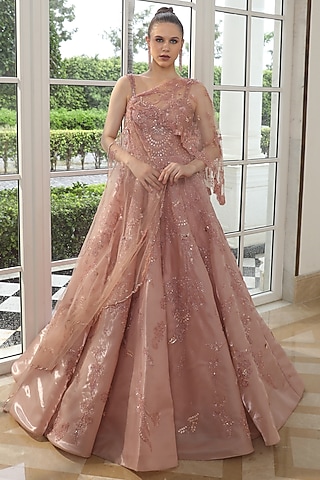 Peach Tissue Organza Hand Embroidered Gown With Cape by PRESTO COUTURE