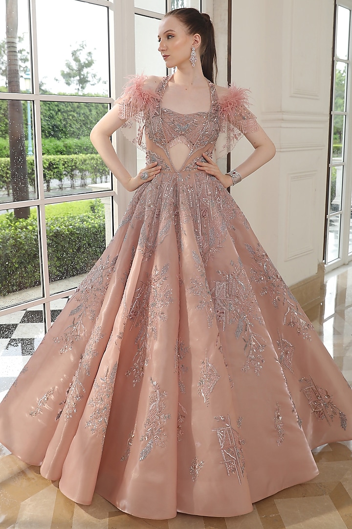 Blush Pink Tissue Organza Hand Embroidered Gown With Cape by PRESTO COUTURE at Pernia s Pop Up Shop