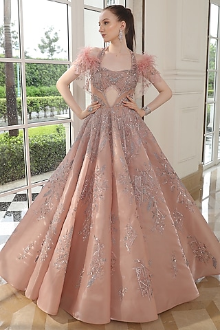Blush Pink Tissue Organza Hand Embroidered Gown With Cape by PRESTO COUTURE