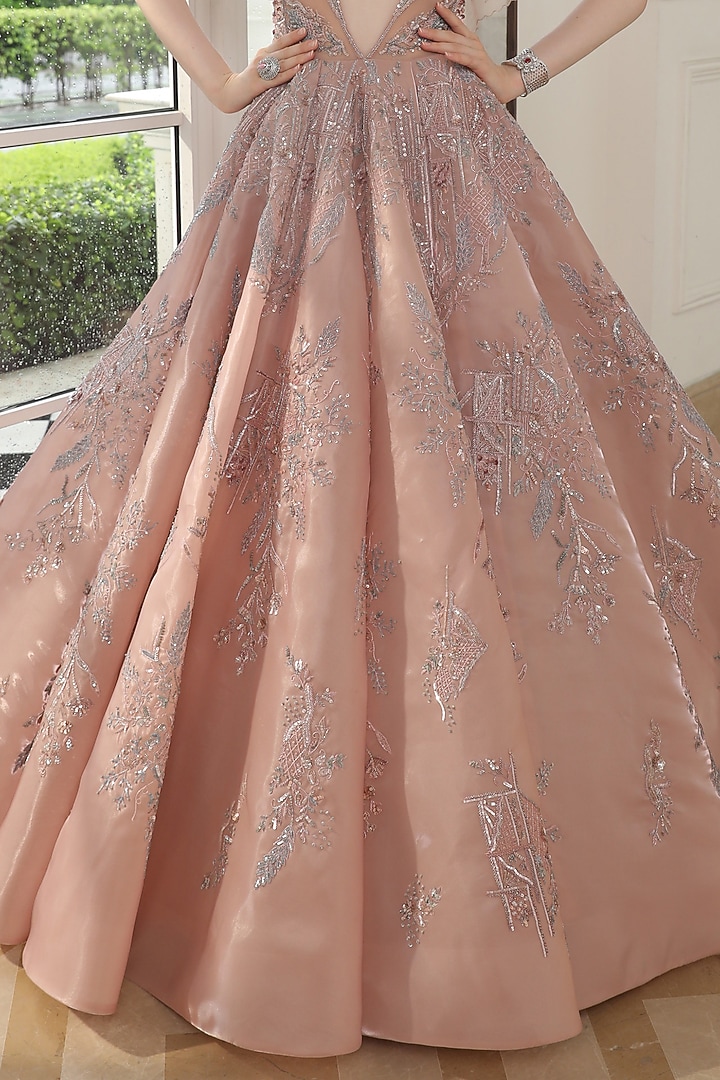 Blush Pink Tissue Organza Hand Embroidered Bridal Gown With Cape by PRESTO COUTURE at Pernia's Pop Up Shop