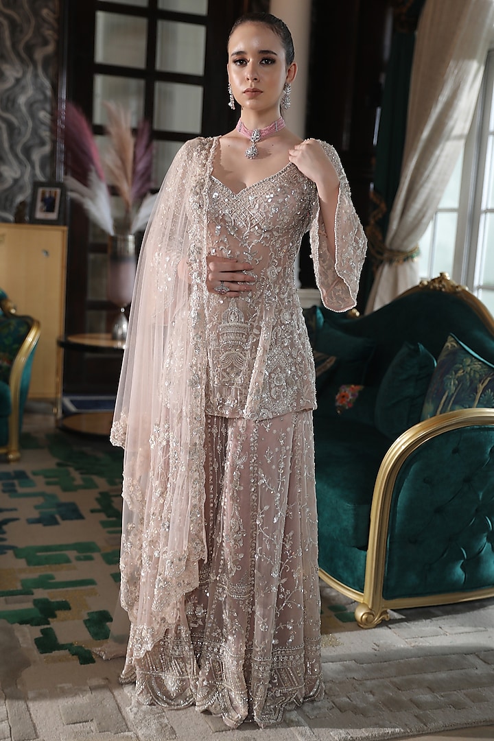 Blush Pink Net Crystal Embroidered Bridal Sharara Set by PRESTO COUTURE at Pernia's Pop Up Shop