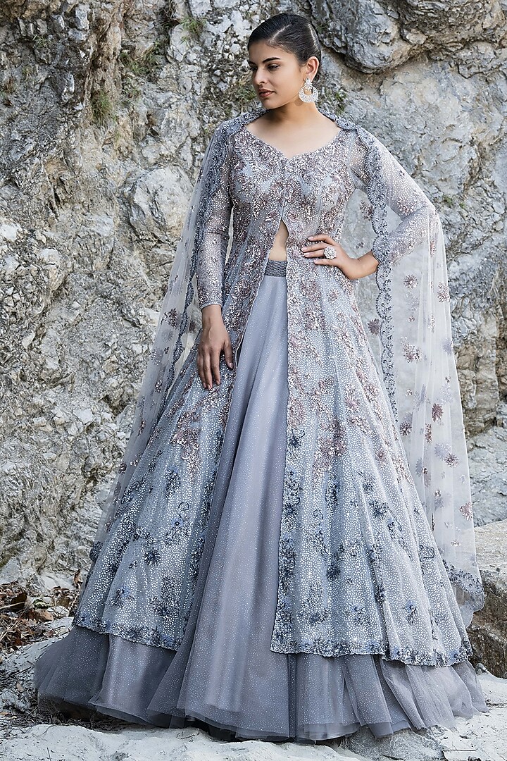 Grey Shimmer Net Sitara Embroidered Jacket Bridal Lehenga Set by PRESTO COUTURE at Pernia's Pop Up Shop