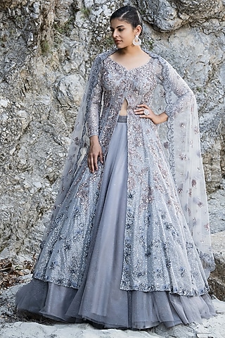 Grey Shimmer Net Sitara Embroidered Jacket Lehenga Set by PRESTO COUTURE