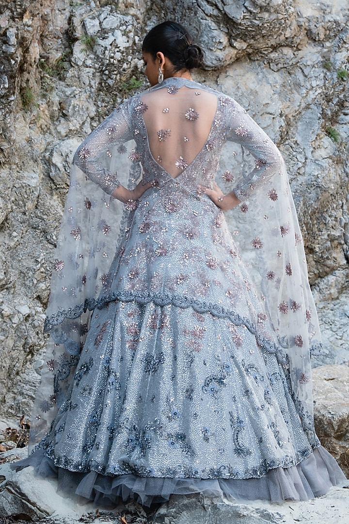 Grey Shimmer Net Sitara Embroidered Jacket Bridal Lehenga Set by PRESTO COUTURE at Pernia's Pop Up Shop