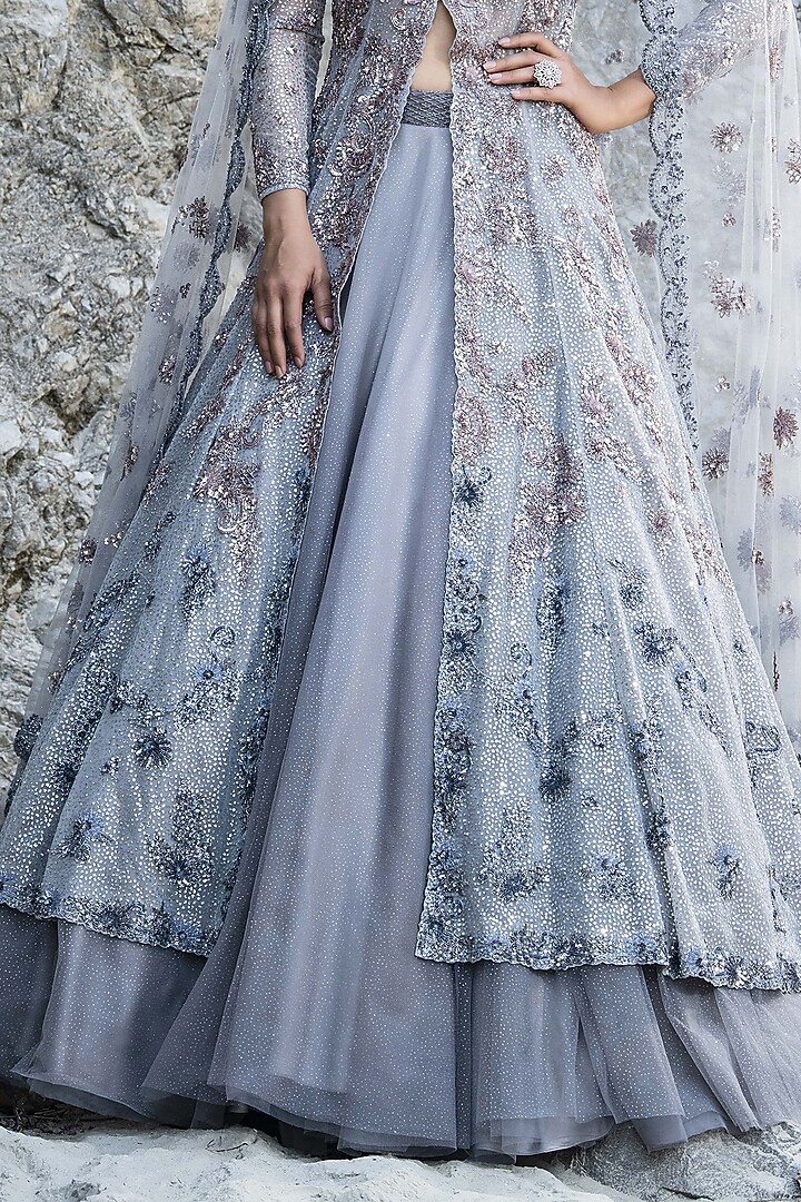 Grey Shimmer Net Sitara Embroidered Jacket Bridal Lehenga Set by PRESTO COUTURE at Pernia's Pop Up Shop
