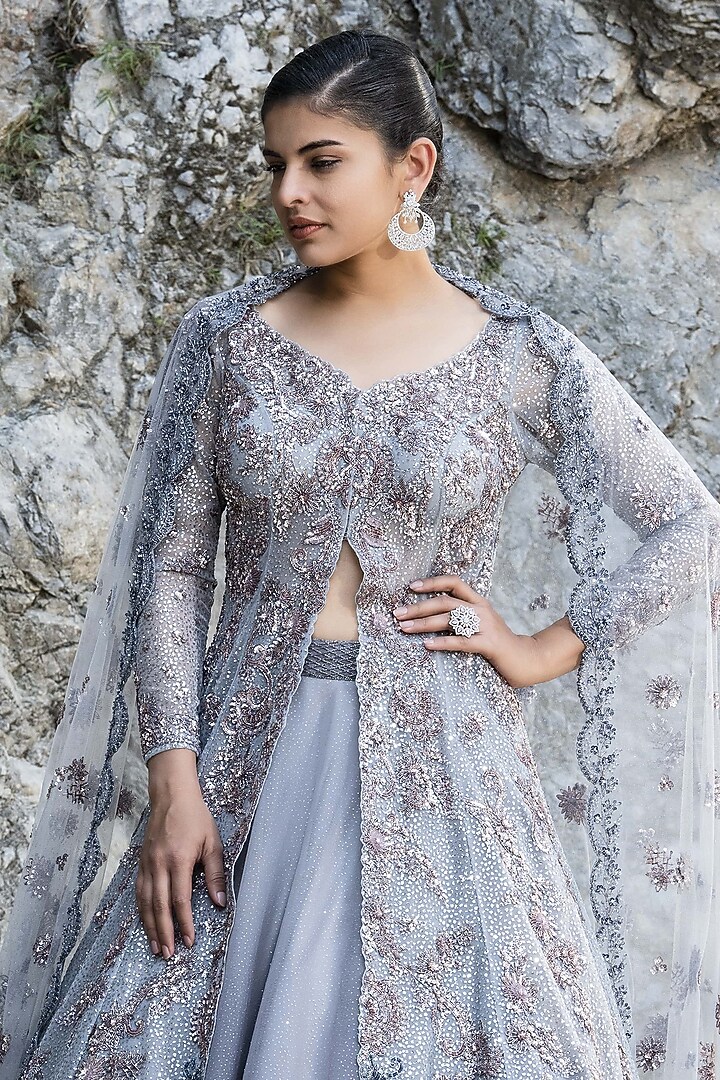 Grey Shimmer Net Sitara Embroidered Jacket Bridal Lehenga Set by PRESTO COUTURE at Pernia's Pop Up Shop