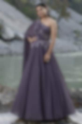 Purple Shimmer Chiffon Crystal Bead Embroidered One-Shoulder Gown by PRESTO COUTURE at Pernia's Pop Up Shop