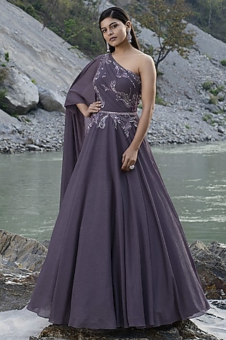 Purple Shimmer Chiffon Crystal Bead Embroidered One-Shoulder Gown by PRESTO COUTURE