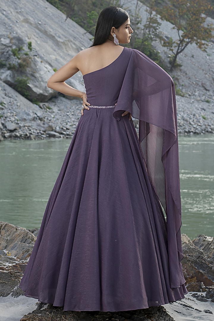 Purple Shimmer Chiffon Crystal Bead Embroidered One-Shoulder Engagement Gown by PRESTO COUTURE at Pernia's Pop Up Shop