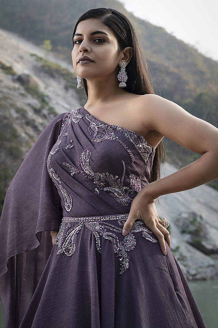 Purple Shimmer Chiffon Crystal Bead Embroidered One-Shoulder Engagement Gown by PRESTO COUTURE at Pernia's Pop Up Shop