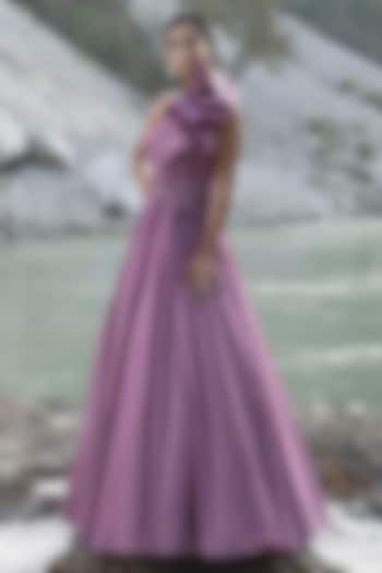 Pink Shimmer Chiffon Crystal Bead Embroidered One-Shoulder Engagement Gown by PRESTO COUTURE at Pernia's Pop Up Shop