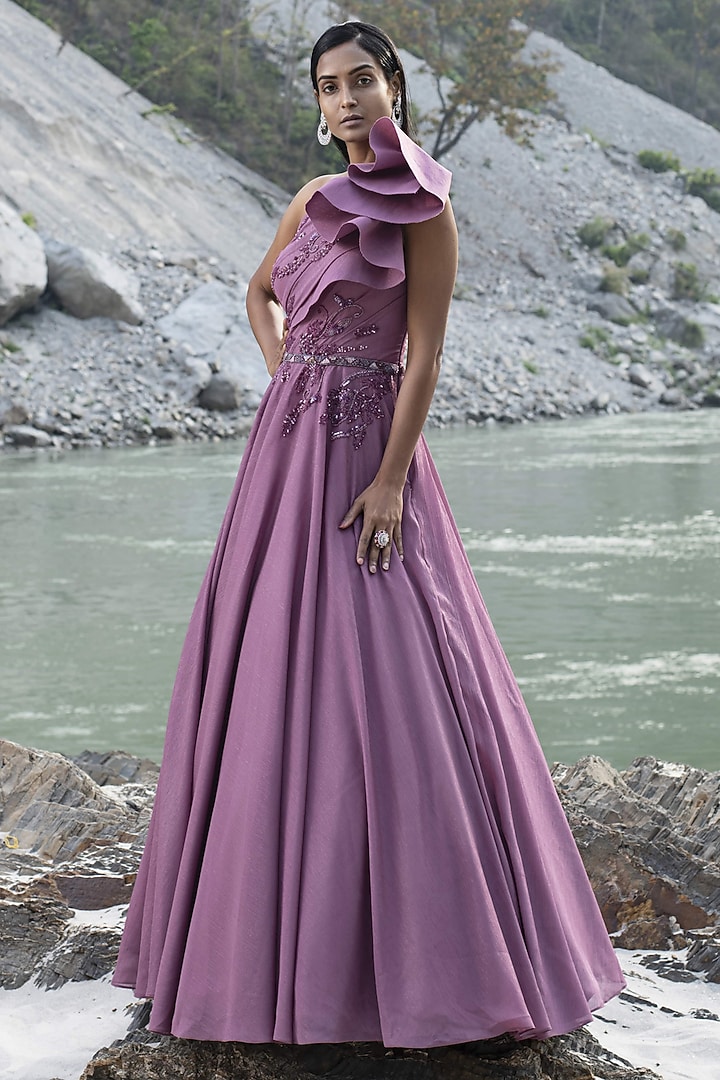 Pink Shimmer Chiffon Crystal Bead Embroidered One-Shoulder Engagement Gown by PRESTO COUTURE at Pernia's Pop Up Shop