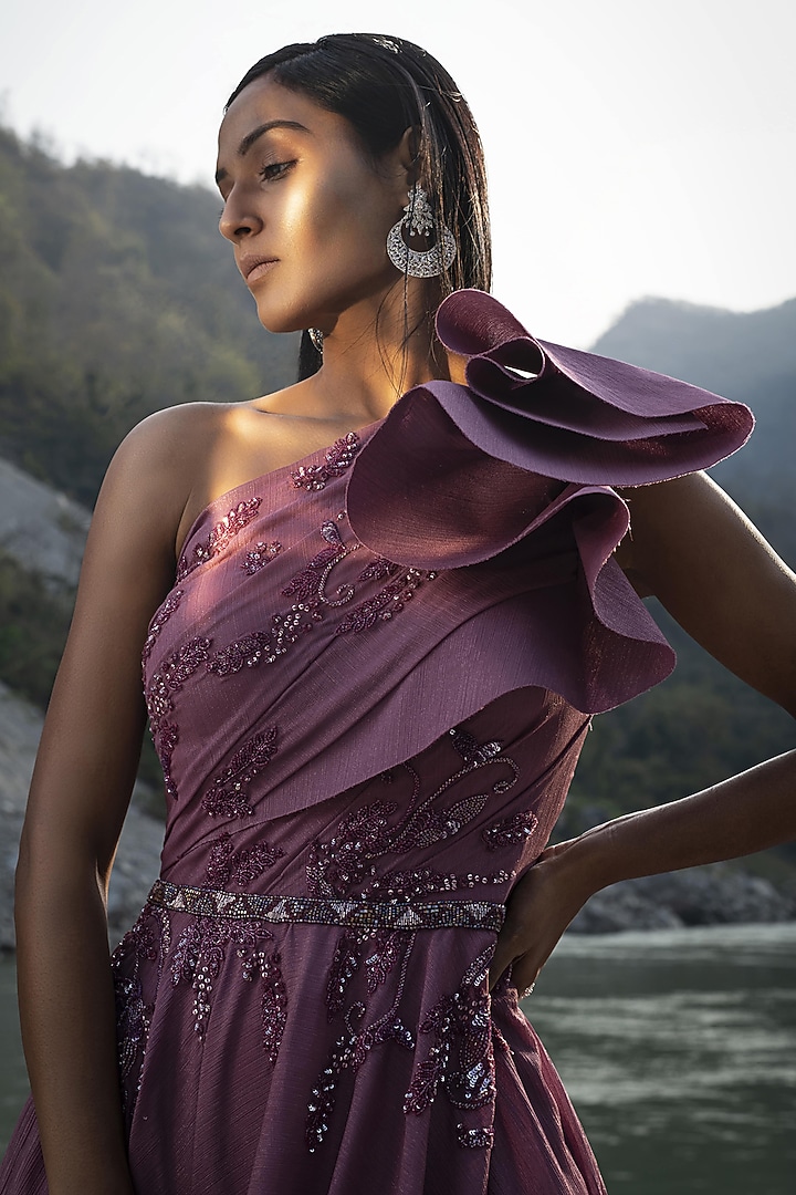 Pink Shimmer Chiffon Crystal Bead Embroidered One-Shoulder Engagement Gown  by PRESTO COUTURE at Pernia's Pop Up Shop