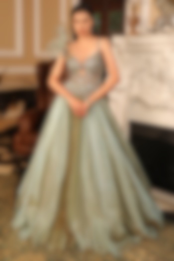 Sage Green Silk Organza 3D Glass Embroidered Engagement Gown by PRESTO COUTURE at Pernia's Pop Up Shop