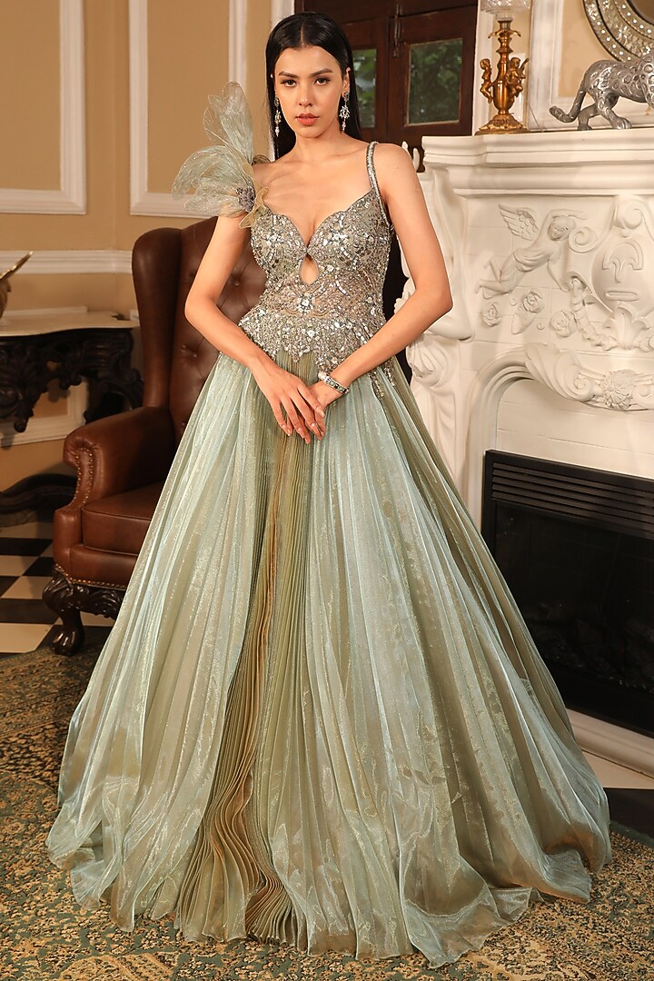 Sage Green Silk Organza 3D Glass Embroidered Engagement Gown by PRESTO COUTURE at Pernia's Pop Up Shop