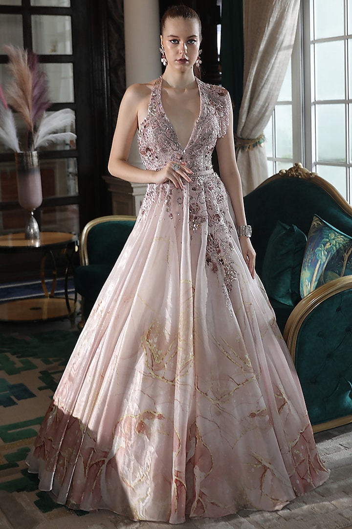 Peach Silk Organza Abstract Printed Flared Gown by PRESTO COUTURE