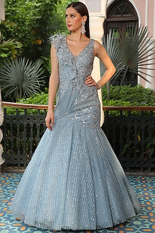 Blue Shimmer Net Crystal Tassels Fish-Cut Gown by PRESTO COUTURE