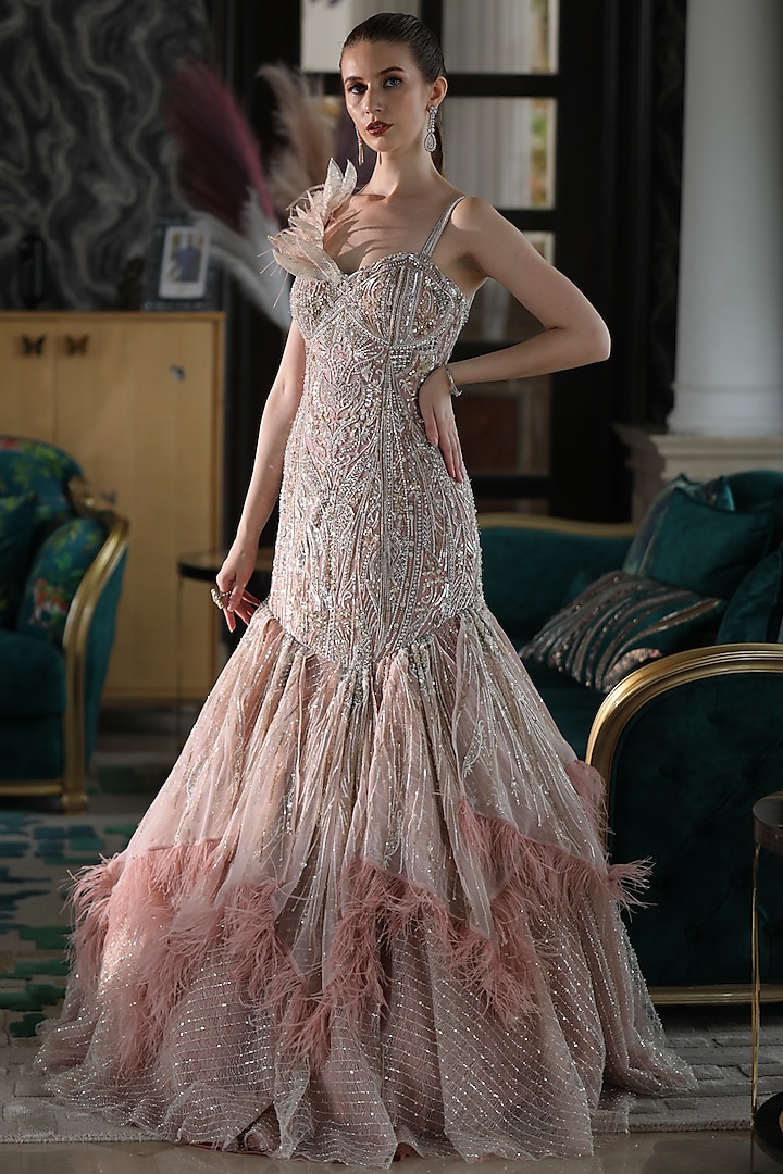 Peach Net 3D Feather Embroidered Fish-Cut Mermaid Gown by PRESTO COUTURE