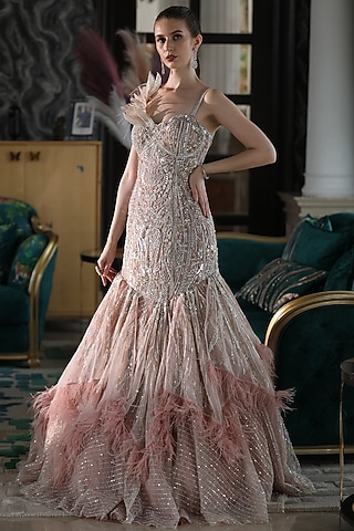 Peach Net 3D Feather Embroidered Fish-Cut Mermaid Gown by PRESTO COUTURE