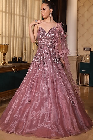 Mauve Purple Satin Organza Feather Embroidered Flared Gown by PRESTO COUTURE