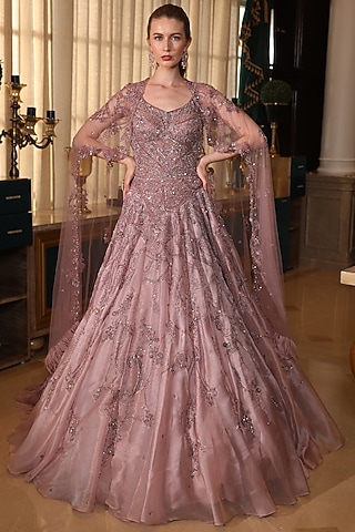 Pink Tissue Organza Crystal Tassels Embroidered Flared Cape Gown by PRESTO COUTURE