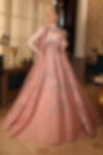 Peach Tissue Organza 3D Embroidered Flared Cape Gown by PRESTO COUTURE