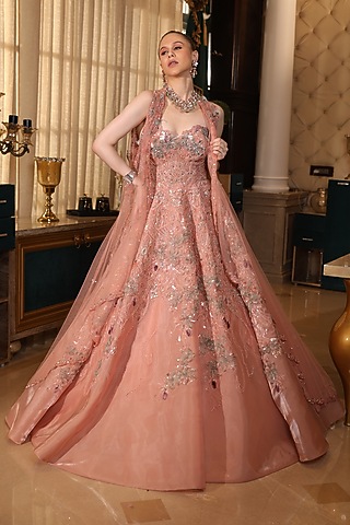 Peach Tissue Organza 3D Embroidered Flared Cape Gown by PRESTO COUTURE