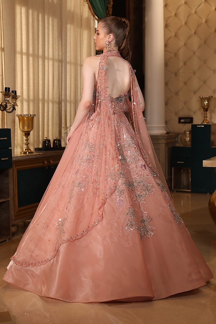 Peach Tissue Organza 3D Embroidered Flared Cape Bridal Gown by PRESTO COUTURE at Pernia's Pop Up Shop