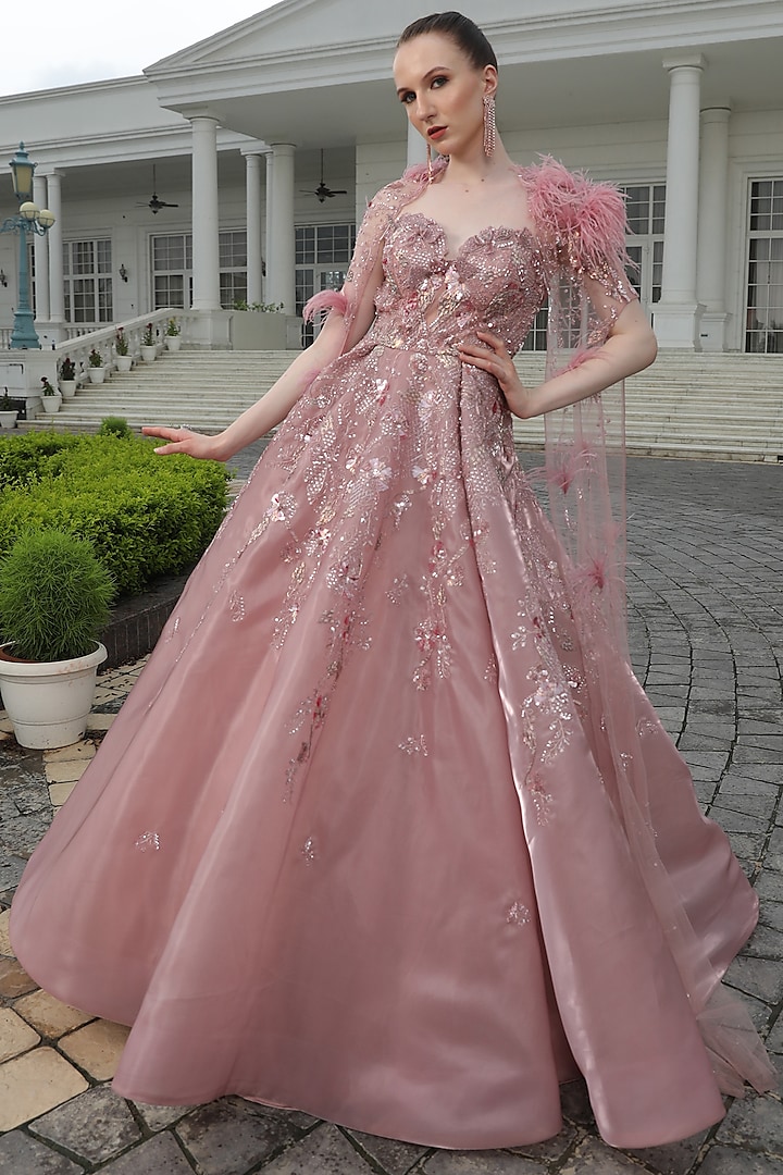 Pink Organza Embroidered Flared Cape Ball Gown by PRESTO COUTURE