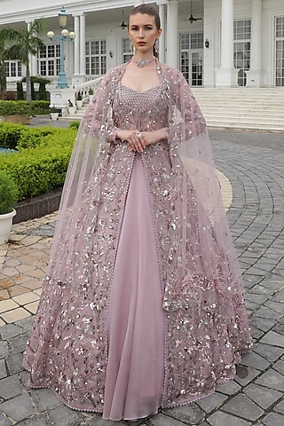 Mauve Purple Tissue Organza Embroidered Jacket lehenga Set by PRESTO COUTURE