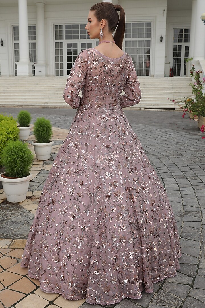 Mauve Purple Tissue Organza Embroidered Jacket Bridal Lehenga Set by PRESTO COUTURE at Pernia's Pop Up Shop