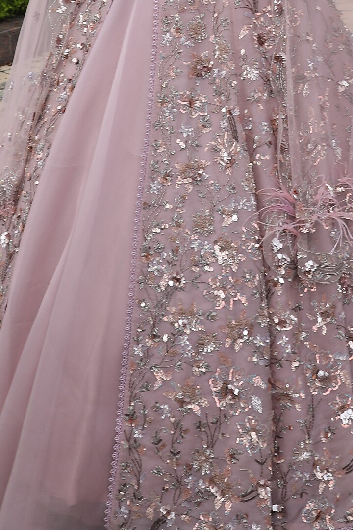 Mauve Purple Tissue Organza Embroidered Jacket Bridal Lehenga Set by PRESTO COUTURE at Pernia's Pop Up Shop