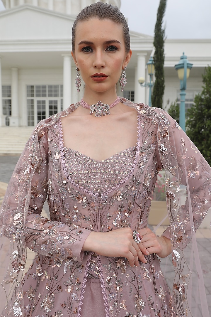 Mauve Purple Tissue Organza Embroidered Jacket Bridal Lehenga Set by PRESTO COUTURE at Pernia's Pop Up Shop