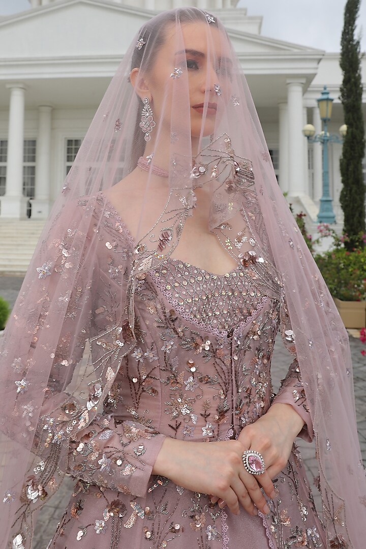 Mauve Purple Tissue Organza Embroidered Jacket Bridal Lehenga Set by PRESTO COUTURE at Pernia's Pop Up Shop