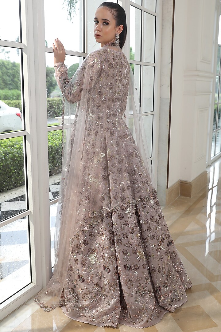 Pink Satin Organza Embroidered Jacket Bridal Lehenga Set by PRESTO COUTURE at Pernia's Pop Up Shop