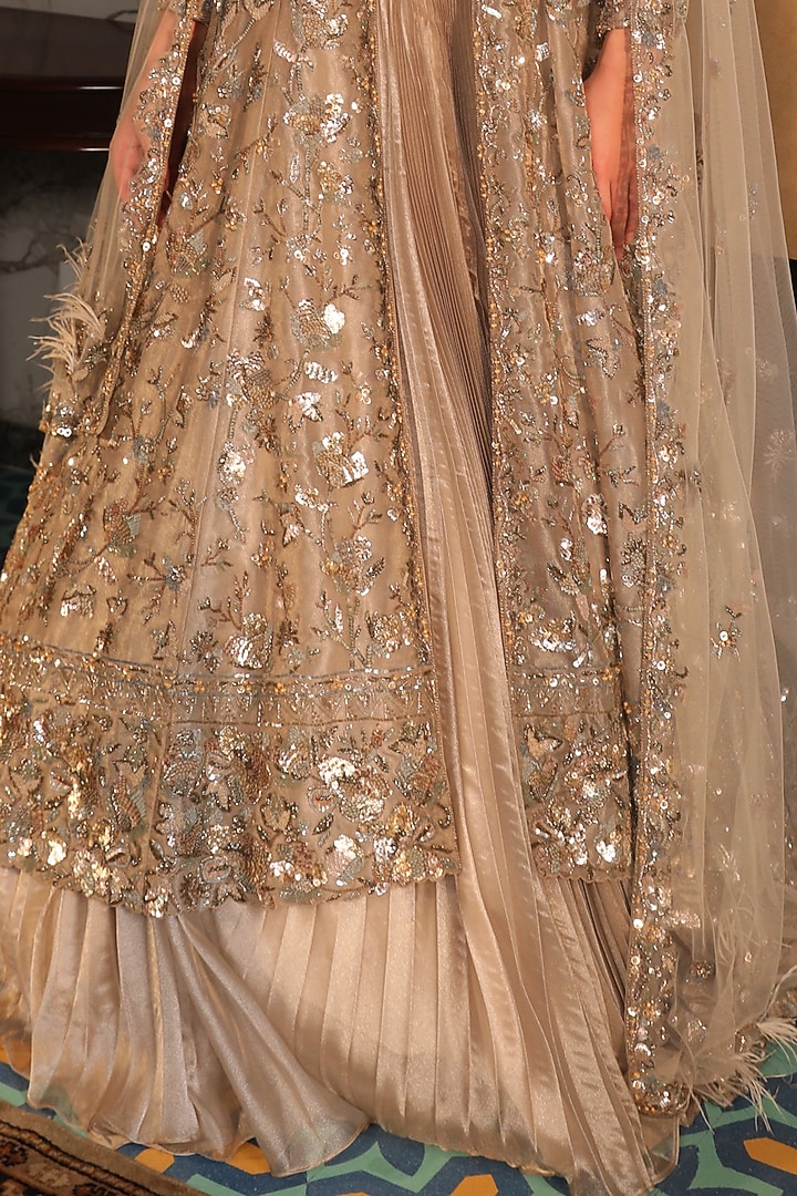 Gold Tissue Organza Embroidered Pleated Jacket Bridal Lehenga Set by PRESTO COUTURE at Pernia's Pop Up Shop