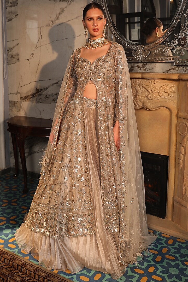 Gold Tissue Organza Embroidered Pleated Jacket Bridal Lehenga Set by PRESTO COUTURE at Pernia's Pop Up Shop