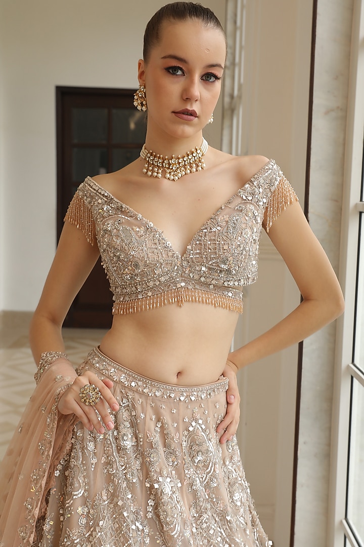 Beige Net Hand Embroidered Bridal Lehenga Set by PRESTO COUTURE at Pernia's Pop Up Shop