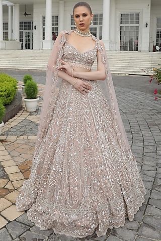 Pink-Beige Net Embroidered Lehenga Set by PRESTO COUTURE