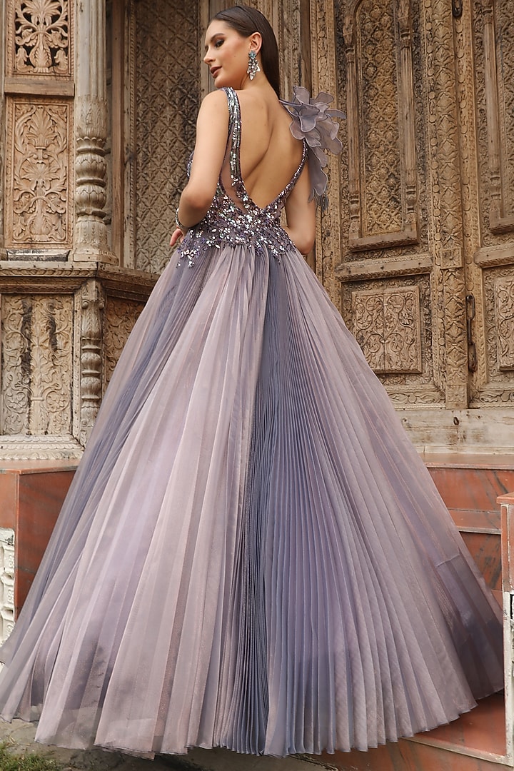 Purple Organza Feather Embroidered Pleated Gown by PRESTO COUTURE at Pernia's Pop Up Shop