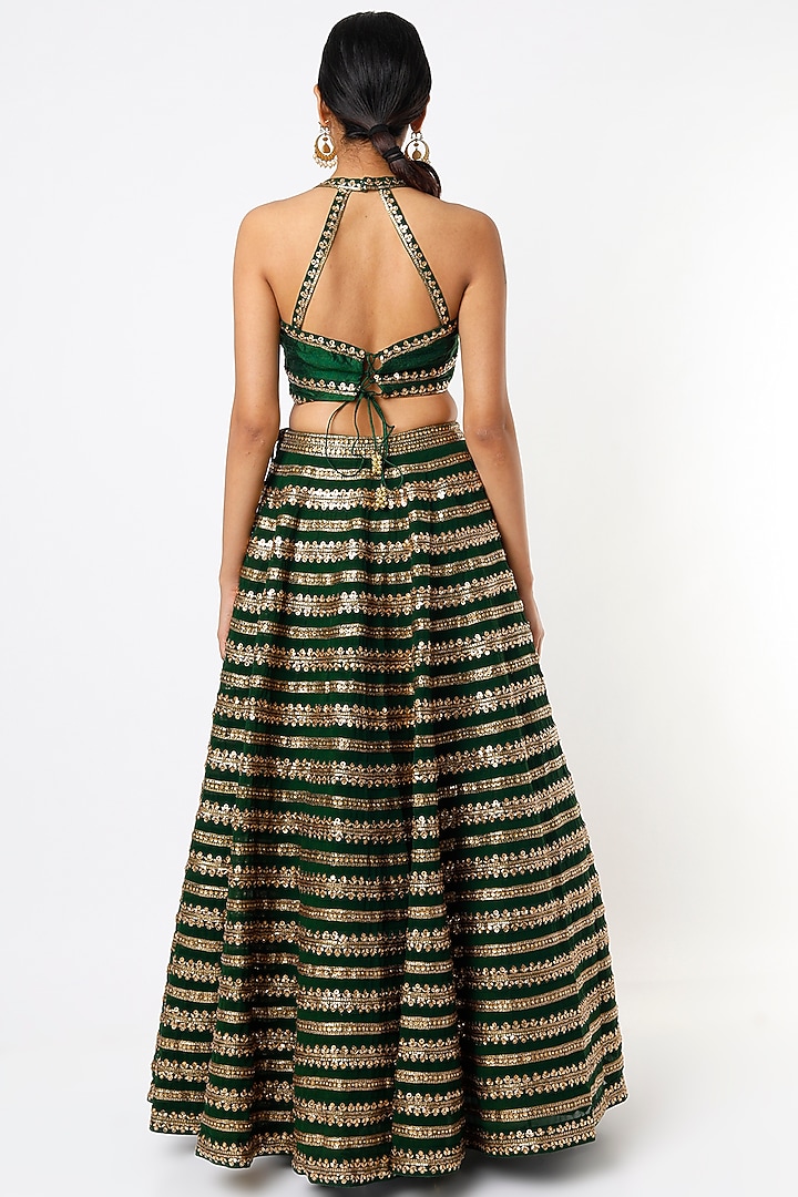 Bottle Green Hand Embroidered Wedding Lehenga Set by Prevasu at Pernia's Pop Up Shop