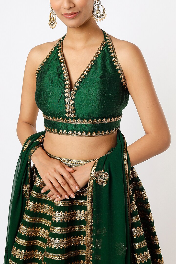Bottle Green Hand Embroidered Wedding Lehenga Set by Prevasu at Pernia's Pop Up Shop