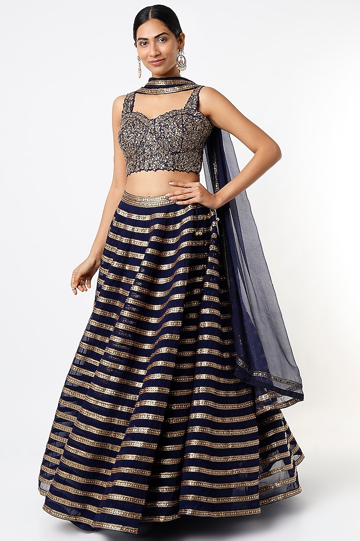 Navy Hand Embroidered Wedding Lehenga Set by Prevasu at Pernia's Pop Up Shop