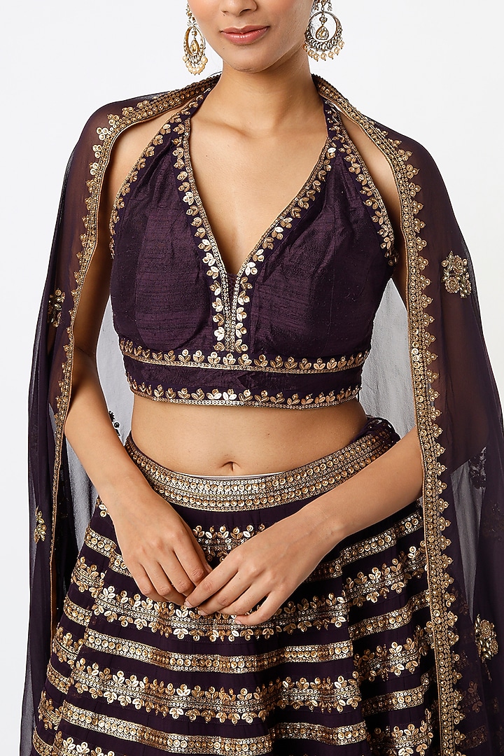 Wine Embroidered Wedding Lehenga Set by Prevasu at Pernia's Pop Up Shop