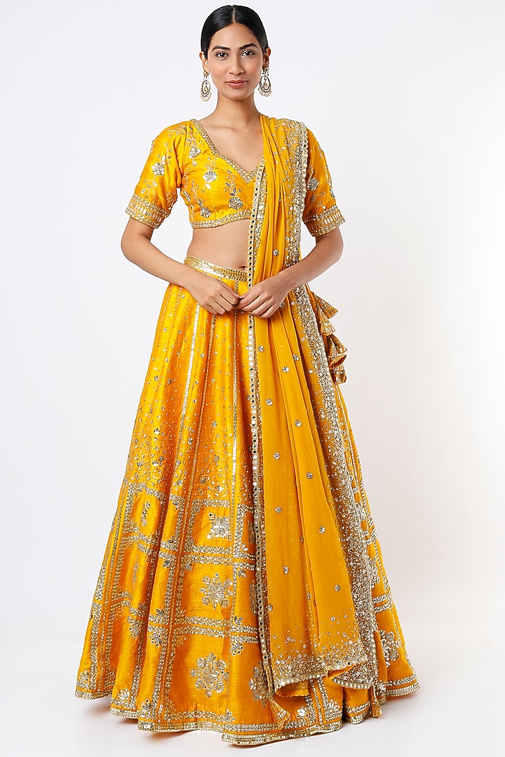 Mustard Zardosi Embroidered Bridal Lehenga Set by Prevasu at Pernia's Pop Up Shop
