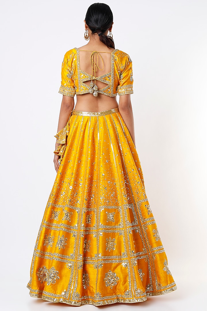 Mustard Zardosi Embroidered Bridal Lehenga Set by Prevasu at Pernia's Pop Up Shop